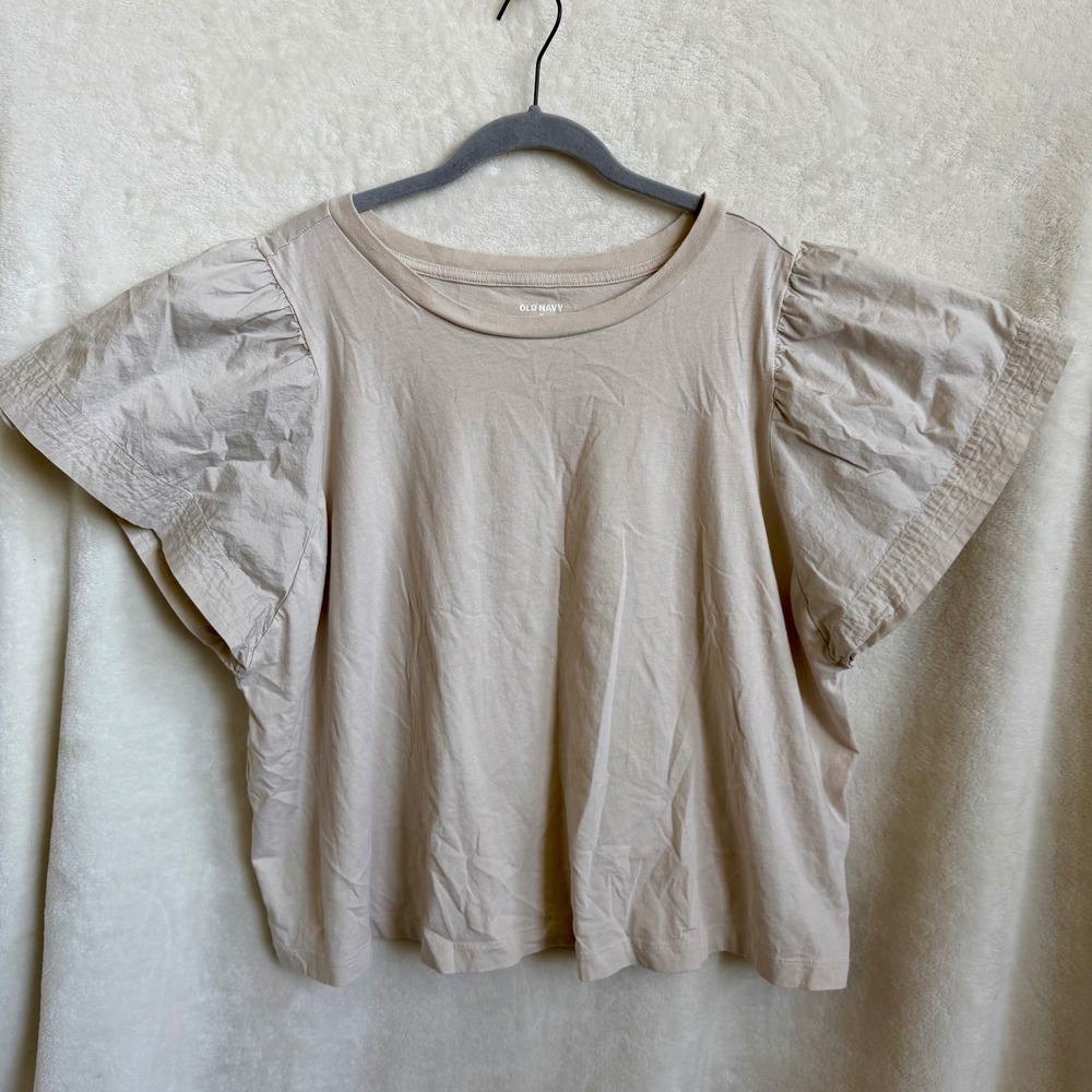 Old Navy Mixed Media Flutter Sleeve Top Sz 2X Oatmeal Cotton Boxy